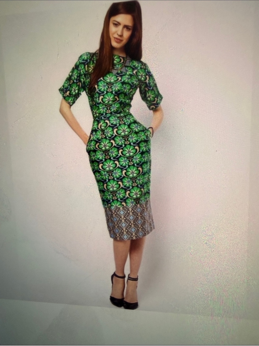ASOS Green Patterned Midi Dress with Contrasting Printed Hem